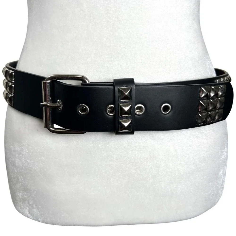 Unisex Black Faux Leather 3 Row Studded Belt Silver Tone Buckle Punk Goth Grunge